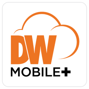 DW Mobile+ logo: orange 'DW' with a cloud motif above, and 'MOBILE+' in black text on a white rounded-square background.