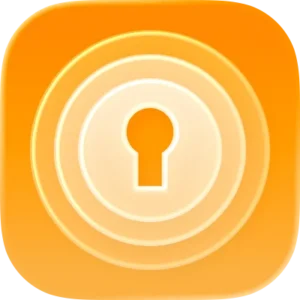 Orange rounded app icon with a white keyhole surrounded by concentric circles, symbolizing security.