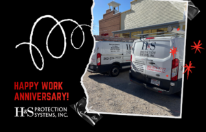 Graphic celebrating 67 years for H&S Protection Systems; collage shows two company vans, torn photo frame, red handwritten overlay, and 'Happy Work Anniversary' on a black background.