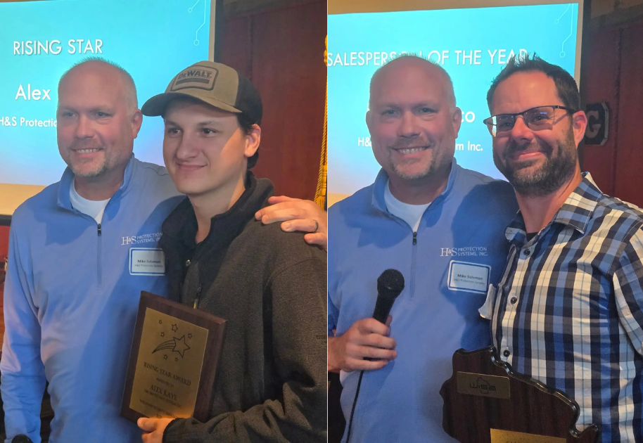 Two-frame shot from an awards event: left shows a presenter in a blue polo with a recipient holding a plaque; right shows the same presenter with a microphone and another recipient with a plaque, both smiling.