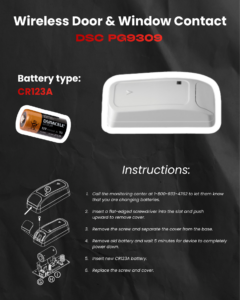 Poster-style instruction image for Wireless Door & Window Contact with CR123A battery illustration and device diagram
