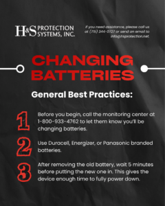Infographic poster titled Changing Batteries with general best practices and contact info on a dark background.