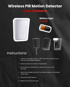 Infographic advertising a Wireless PIR Motion Detector (DSC PG9914) with a CR123A battery and step-by-step instructions.