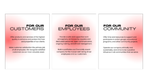 Poster: FOR OUR CUSTOMERS with a pink gradient background; describes offering high-quality products and services to enhance lives and prioritize customer satisfaction by all employees.