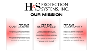 Three white posters with pink glow and bold headings: For Our Customers, For Our Employees, and For Our Community, with a red logo above on a black background.