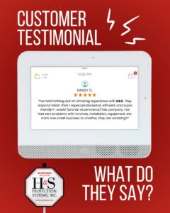 Promotional poster with a tablet showing a customer testimonial for H&S Protection Systems, Inc. on a red background.